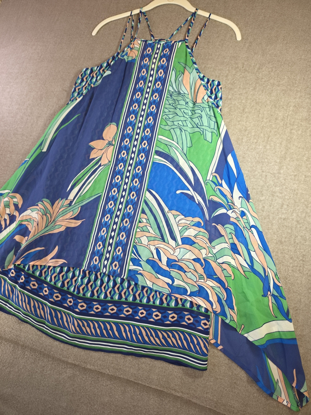 Maeve Laurel Silk Tropical Layered Blue & Green Spagetti Strap Dress XSmall